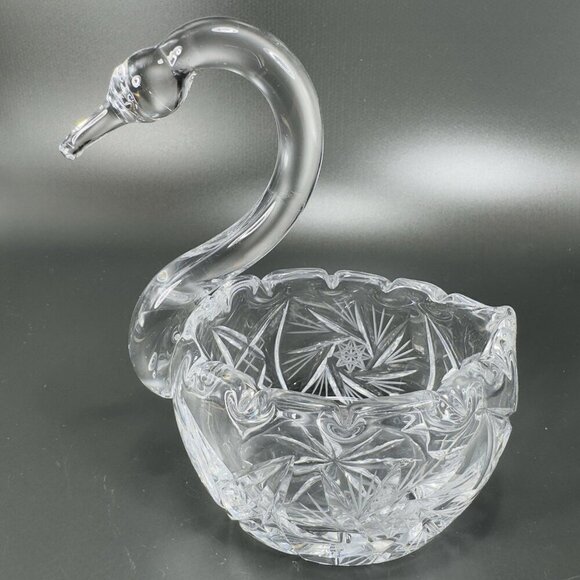 Bohemia Czech Clear Crystal Glass Swan Pinwheel Glass Dish Bowl Duck Bird VTG - Picture 10 of 12
